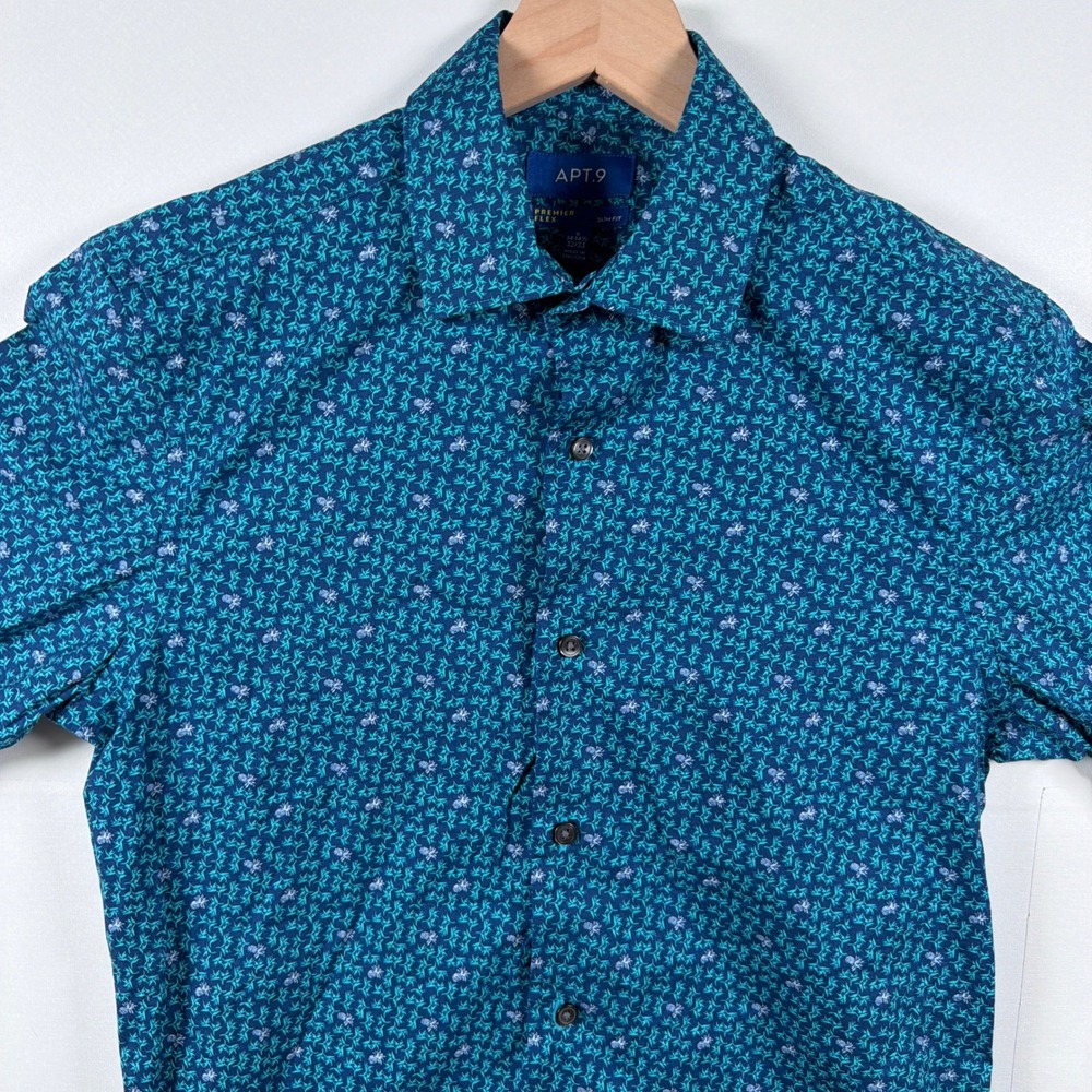 Apt. 9 Premier Flex Button Down Shirt Mens Small Slim Fit Teal Floral Pineapple